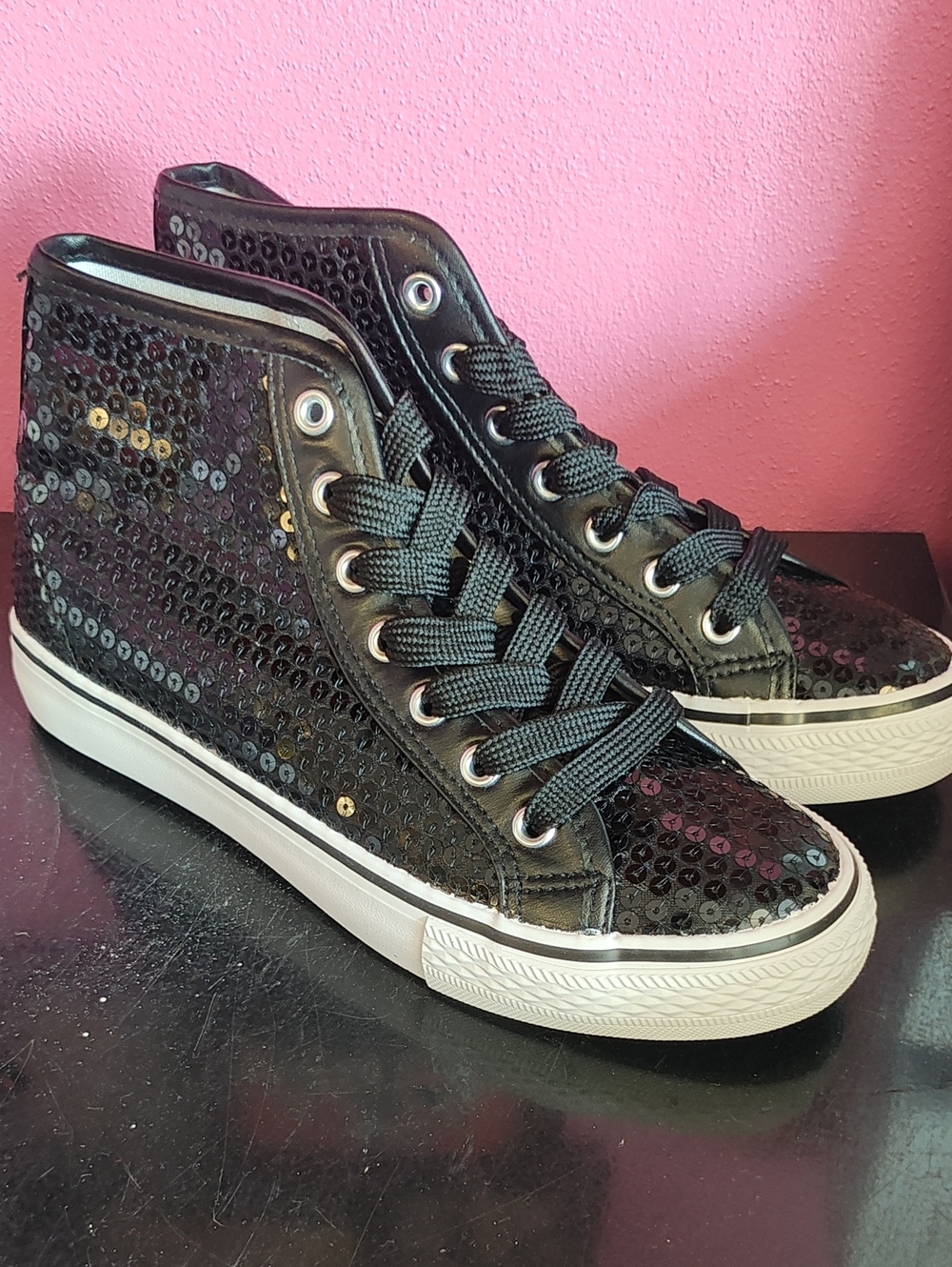 Black Sequin High-Top Sneakers - Women's Fashion Sneakers SIZE 6
